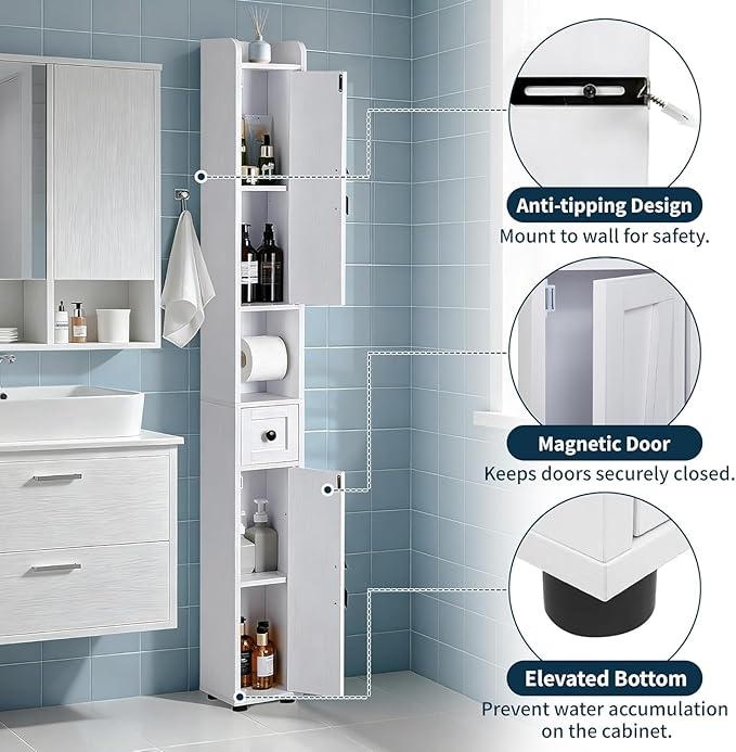 VECELO Narrow Bathroom Storage Cabinet, Tall Cabinet with Adjustable Shelves & Toilet Paper Holder & Drawer, Slim Freestanding Floor Cabinets with Magnetic Door for Small Spaces, White