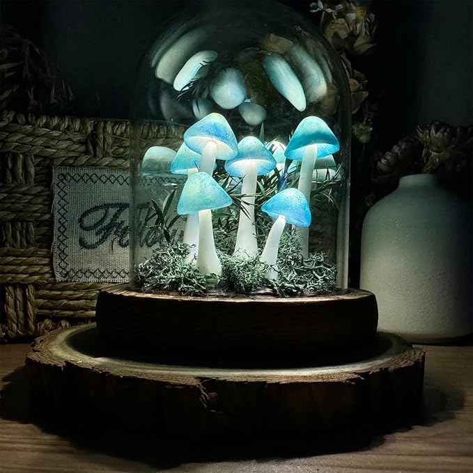 Mushroom Lamp, Decor LED Light in Glass Dome with Base for Home Bedroom Decor Birthday with Birthday Valentines Anniversaries Gifts Box (Blue-01)