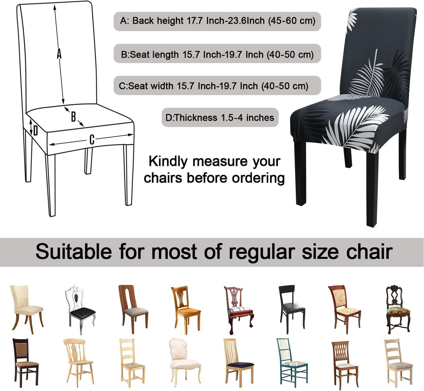 JQinHome Pattern Chair Covers for Dining Room Set of 4, High Stretch Removable Washable Parsons Chair Slipcover for Home Party Hotel Wedding Ceremony (Plume Black,4PCS)