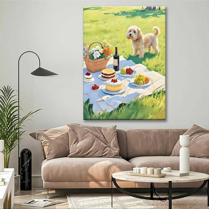 Paint by Numbers Kit for Adults Framed, Summer Picnic with Dog and Desserts, DIY Oil Painting, Pre-Printed Canvas Wall Art Home Decor Gift, 20x24inch Framed, 24 Colors