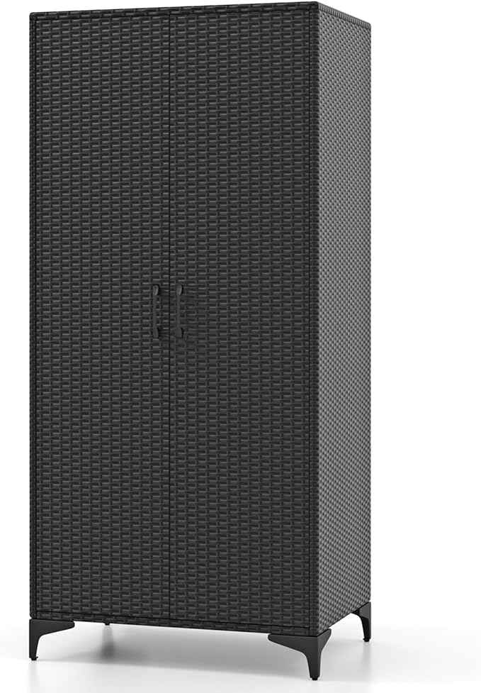 Giantex Wicker Storage Cabinet, 62” Tall Pantry Cabinet with 2 Doors, Hanging Rod, 4 Storage Cubes, Metal Legs, Anti-Tipping Device, PE Rattan Storage Cabinet for Home Office, Garage Cabinets (Black)