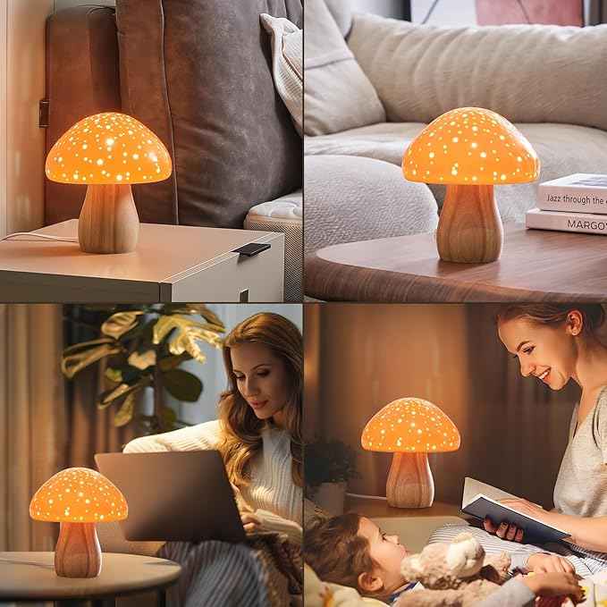 BOHON Mushroom Lamp, Ceramic Bedside Table Lamp for Bedroom Nightstand, Retro Vintage Orange Night Light, Small Aesthetic Lamp for Living Room Desk Home Decor, LED Bulb Included, Orange