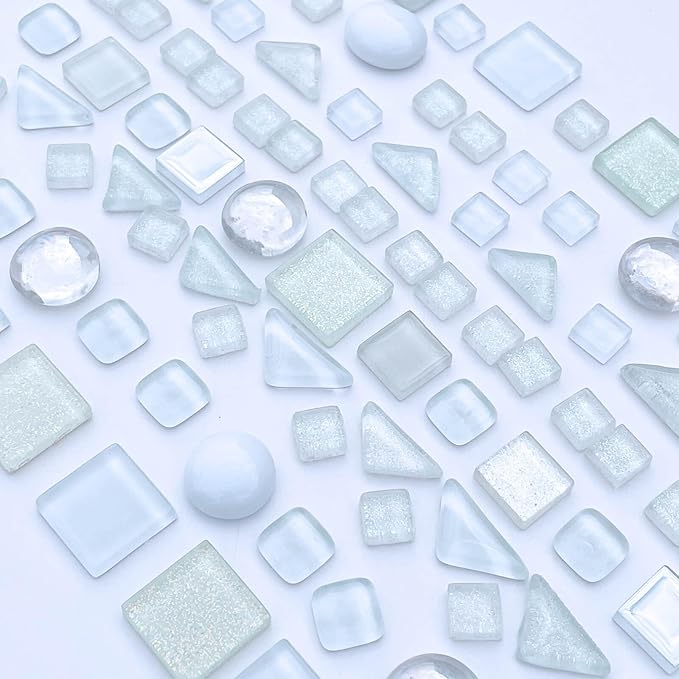 LITMIND 1.1 LB White Irregular Glass Mosaic Tiles with Backing, Assorted Mosaic Shapes for Creative Crafts – Ideal for Adult Mosaic Kits, Puzzles, and Artwork Projects