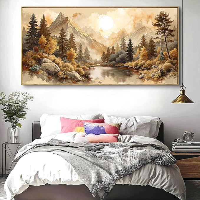 Landscape Wall Art - Framed Modern Canvas Painting for Living Room, Bedroom Home Office Decor, 48x24 Inch Ready to Hang