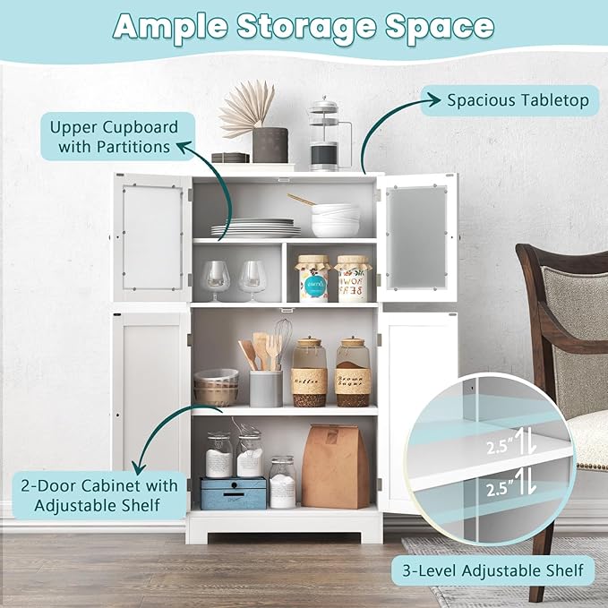 COSTWAY Bathroom Storage Cabinet, Wooden Linen Storage Organizer Cupboard with Doors & Adjustable Shelf, Freestanding Floor Cabinet for Living Room, Kitchen, Entryway, Office (White)