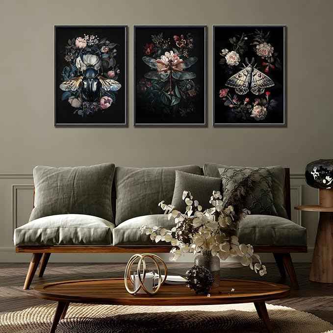 Dark Botanical Insect Canvas Wall Art Gothic Insect And Botanical Posters Prints Dark Academia Moody Floral Cottagecore Art Painting Vintage Dragonfly Beetle Moth Pictures Wall Decor Unframed