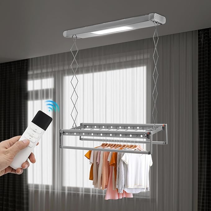 Electric Retractable Airing Rack, Ceiling Mounted Clothes Drying Rack, Retractable Clothesline, Vertical Laundry Drying Rod with LED Light & Remote, 110V 24W, Gray