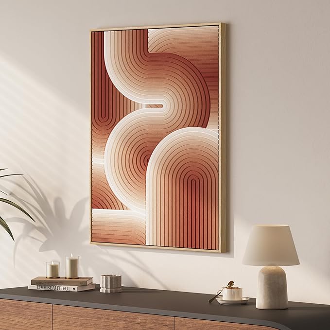 3D Textured Framed Orange Abstract Wall Art, Modern Minimalist Red and Beige Geometric Paintings Artwork for Walls, Large Pictures for Living Room Dining Room Bedroom Office Wall Decor 24x36 In