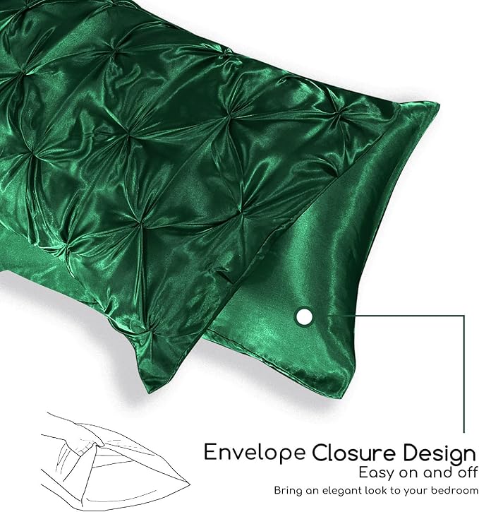 MR&HM Satin Comforter Full 7 Pieces - Luxurious Pinch Pleat Bedding Set with Comforter, Flat Sheet, Fitted Sheet, Pillowcases & Shams, Super Silky Soft Bed Set for All Season (Full, Dark Green)