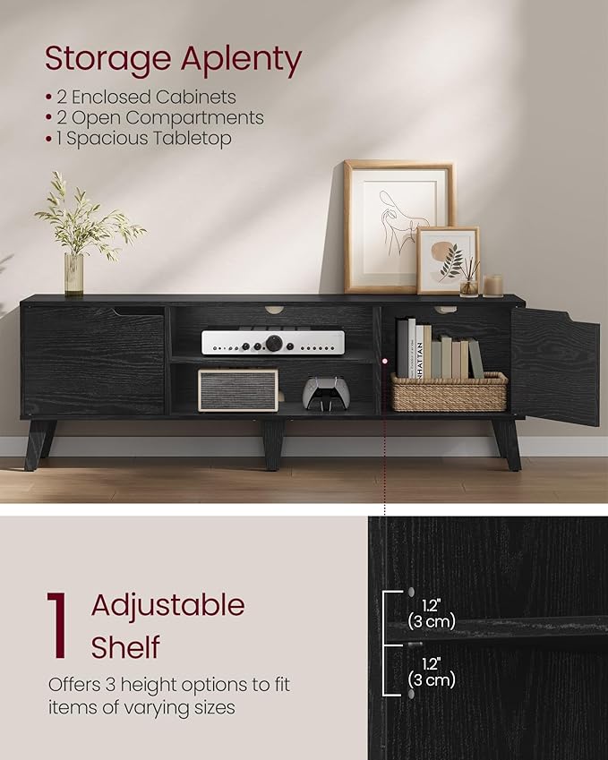 VASAGLE TV Stand for 65-Inch TVs, Entertainment Center with Adjustable Shelf, 58-Inch Long Media Console Table, Transitional Style, for Living Room, Bedroom, Ebony Black ULTV556B01