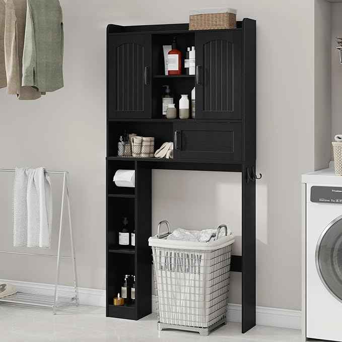 Vabches Farmhouse Over The Toilet Storage Cabinet with 2 Barn Doors & Sliding Door, Over The Toilet Bathroom Organizer with Open Storage Layer and Adjustable Shelves & Hooks.Black