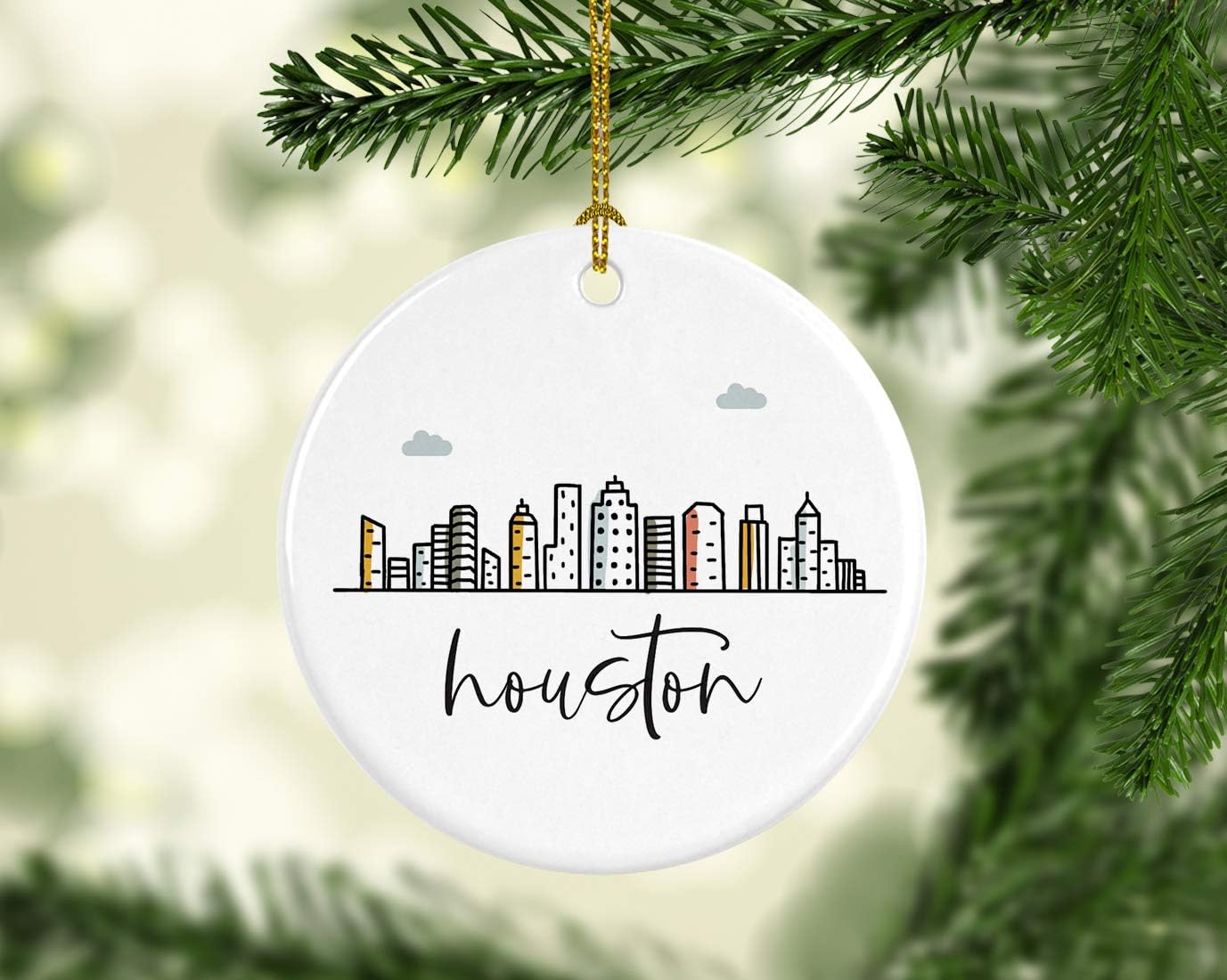 Andaz Press Round Ceramic Porcelain Christmas Tree Ornament Keepsake, Houston Colorful City Skyline Graphic, 1-Pack, Birthday Gift Ideas Family Coworker Him Her, Includes Gift Box