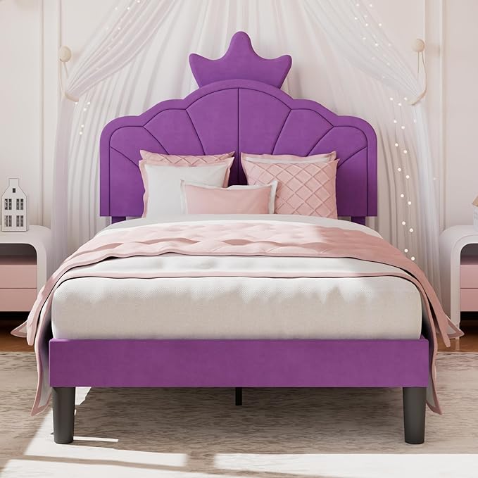 VECELO Twin Size Bed Frame with Crown Headboard, Upholstered Platform Bedframe with Strong Wood Slat Supports, No Box Spring Needed, Purple
