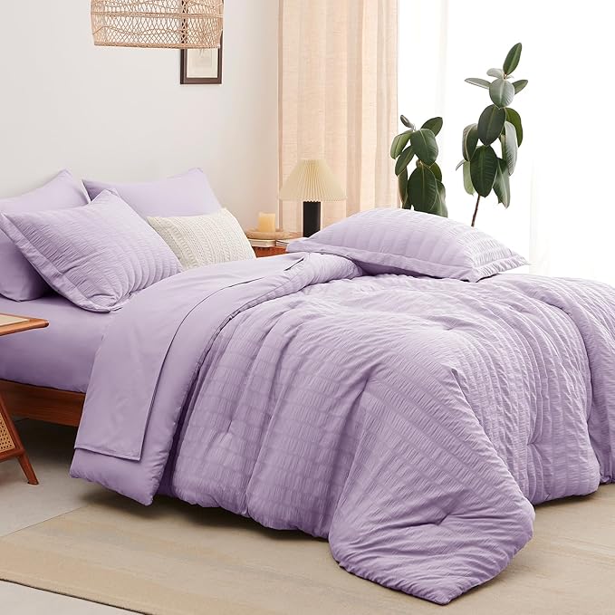 CozyLux Full Seersucker Comforter Set with Sheets Light Purple Bed in a Bag 7-Pieces All Season Lavender Bedding Sets with Comforter, Pillow Sham, Flat Sheet, Fitted Sheet, Pillowcase