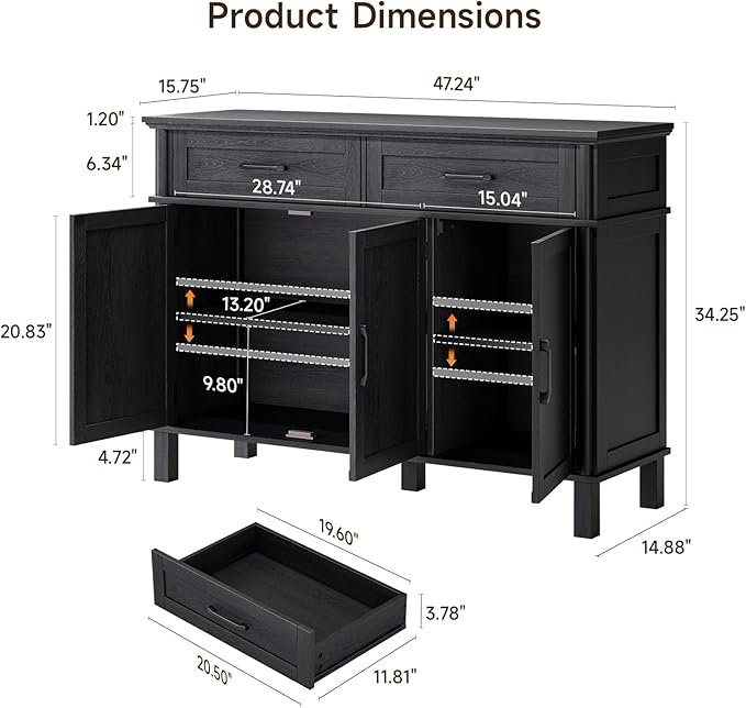 48 Inches Sideboard Buffet Cabinet with Storage, Farmhouse Sideboard Buffet w/2 Drawers and 3 Doors, Kitchen Cabinet with Adjustable Shelf, Wood Kitchen Console Table for Living Room, Hallway, Black
