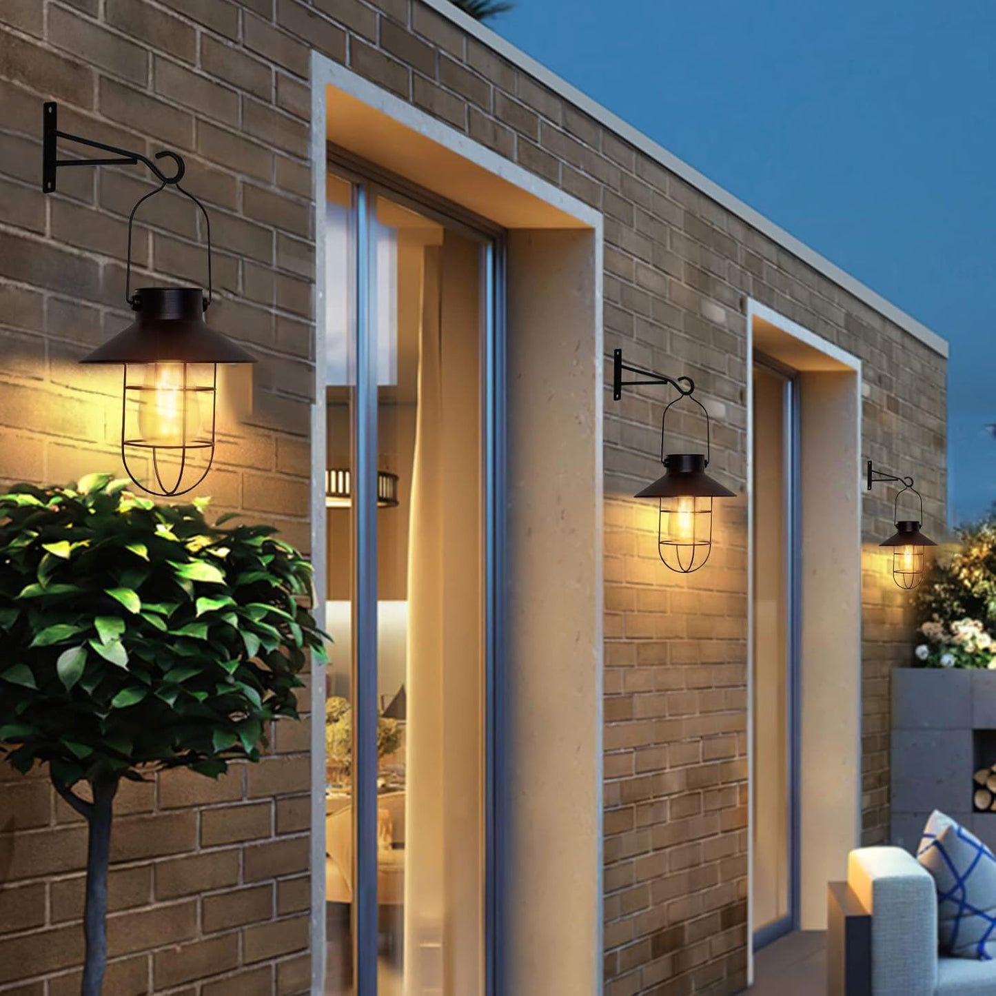 pearlstar Solar Lanterns Outdoor Metal Solar Powered Hanging Lights Waterproof for Wall Yard Garden Patio Garage Balcony Porch Fence Decor, Warm White Edison Bulb,with Wall Mount Kit（Black-1pack）