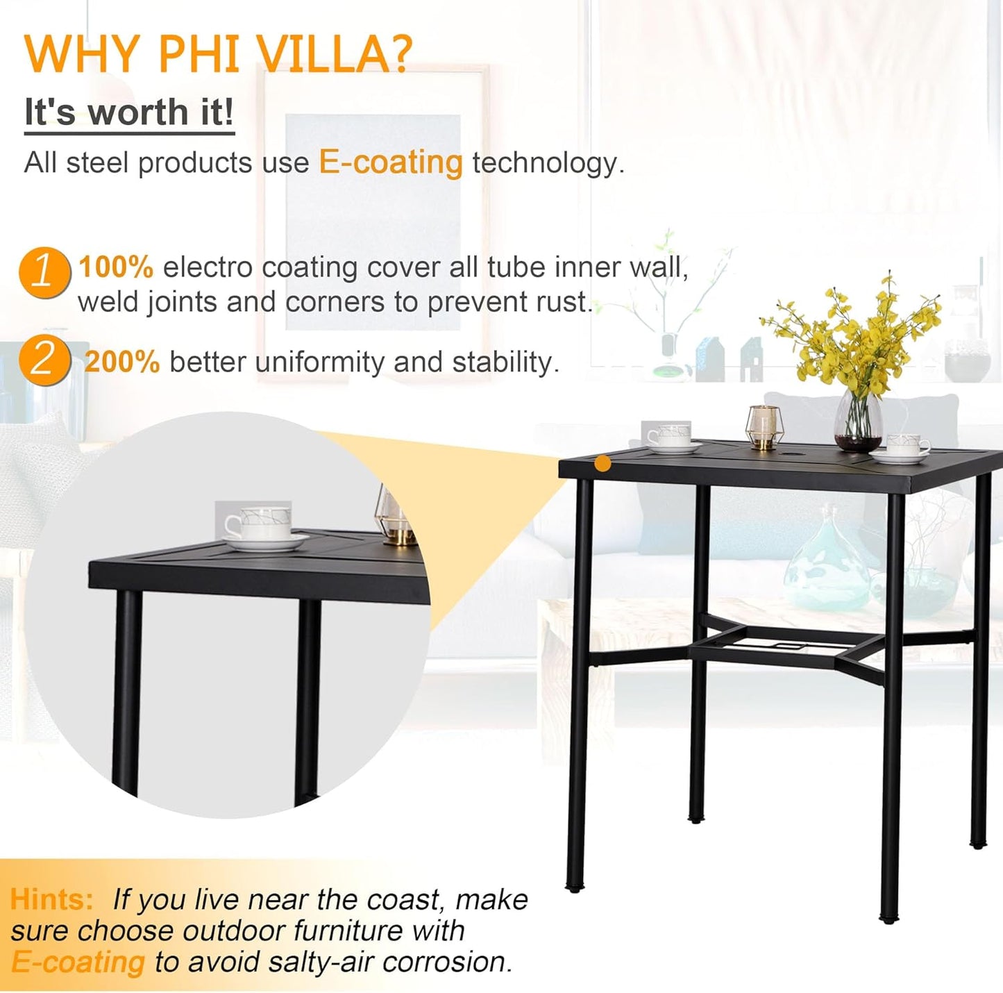 PHI VILLA 5 Piece Patio Bar Hight Dining Set for 4, Outdoor Bar Set with 4 Swivel Cushioned Bar Stools and 1 Square Metal Bar Table(1.9" Umbrella Hole) for Lawn Garden