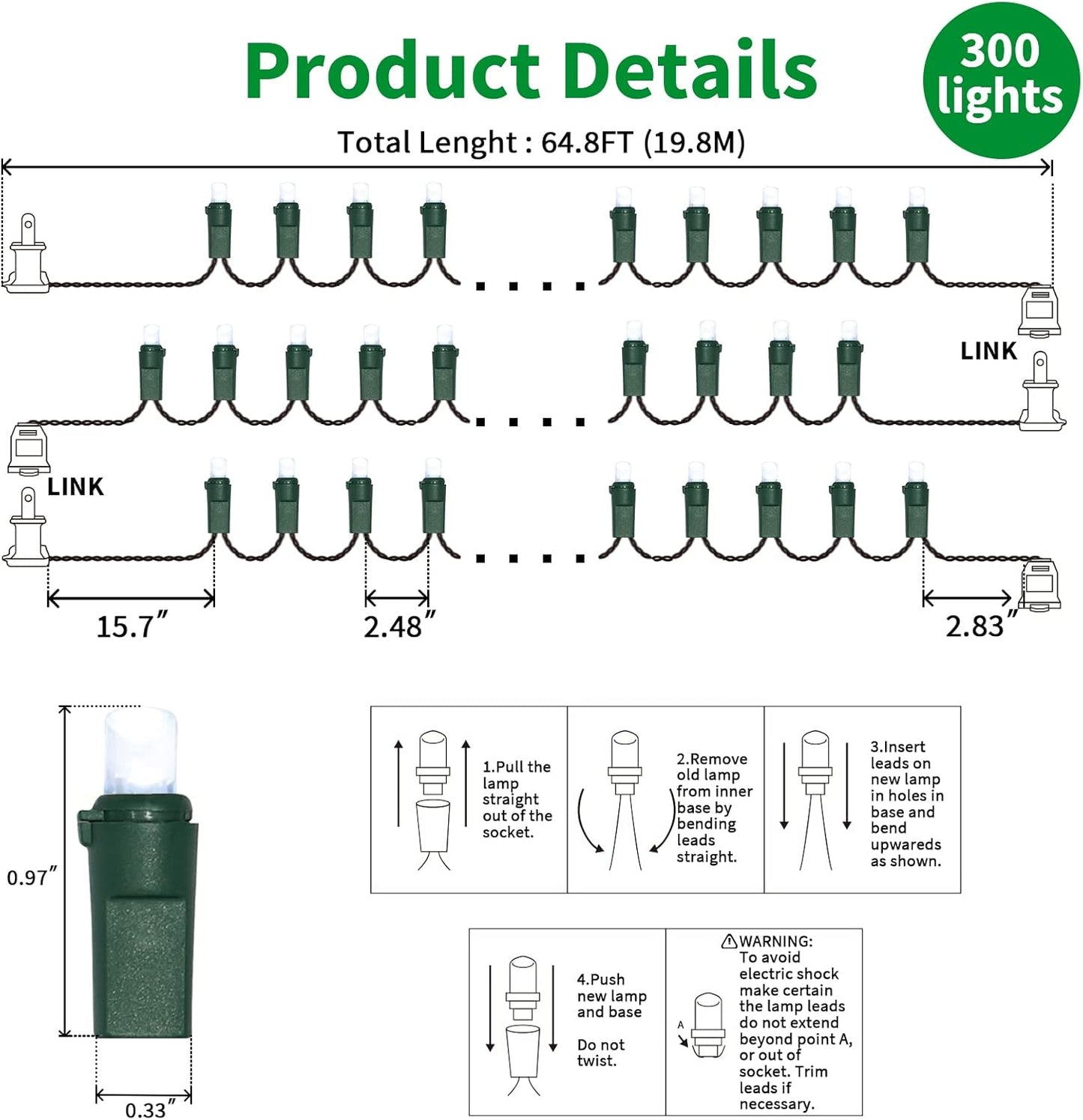 White Wide Angle LED Christmas Lights, 64.8 Ft 300 Count, Pack of 3 Strands 21.9 Ft 100 Lights UL Certified Commercial Grade Green Wire 5mm Holiday String Light