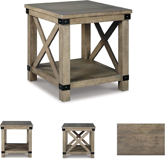 Signature Design by Ashley Aldwin Casual Farmhouse Rectangular End Table with Crossbuck Details, Metal Bracket Accents, Wood, 25" High, Weathered Gray