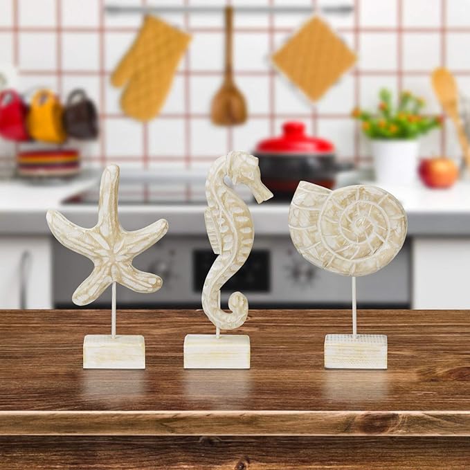 3pcs Wood Handmade Beach Nautical Style Figurines Starfish/Conch/Seahorse Statue Home Decor Beach Decor Coastal Decor