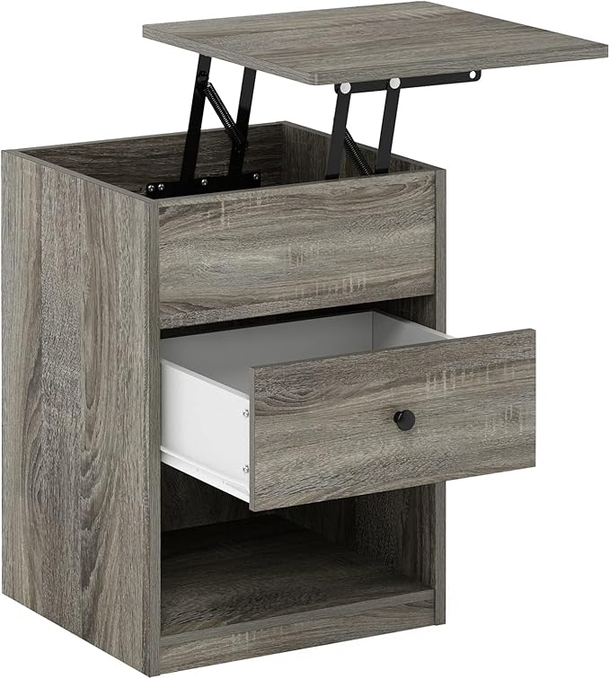 Furinno Jensen Lift Top Nightstand, French Oak Grey