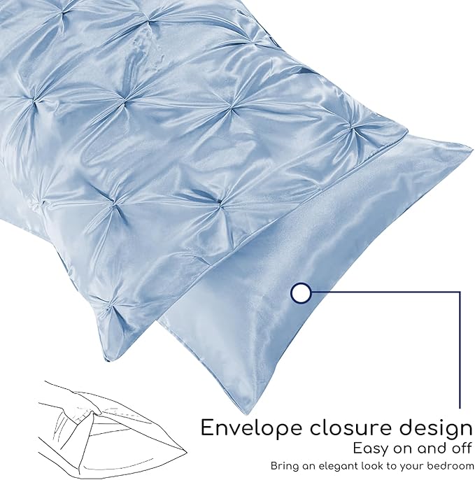 MR&HM Satin Comforter Queen 7 Pieces - Luxurious Pinch Pleat Bedding Set with Comforter, Flat Sheet, Fitted Sheet, Pillowcases & Shams, Super Silky Soft Bed Set for All Season (Queen, Blue Haze)