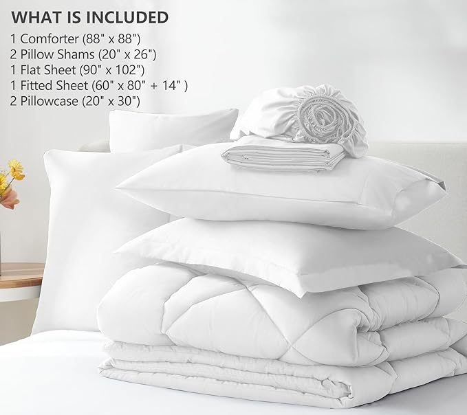 CozyLux Queen Comforter Set White - Bed in a Bag Queen Size 7 Pieces, Luxury Soft Bed Set for All Seasons, Bedding Set with Down Alternative Comforter, Sheets, Pillowcases & Shams