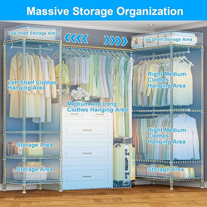 E10L L-Shaped Clothes Rack for Corner（With Expandable Hanger Rod）Heavy Duty Freestanding Clothing Racks for Hanging Clothes，Portable Garment Rack 58-82"W x 30"D x 72"H，Max Load 900LBS，Gold