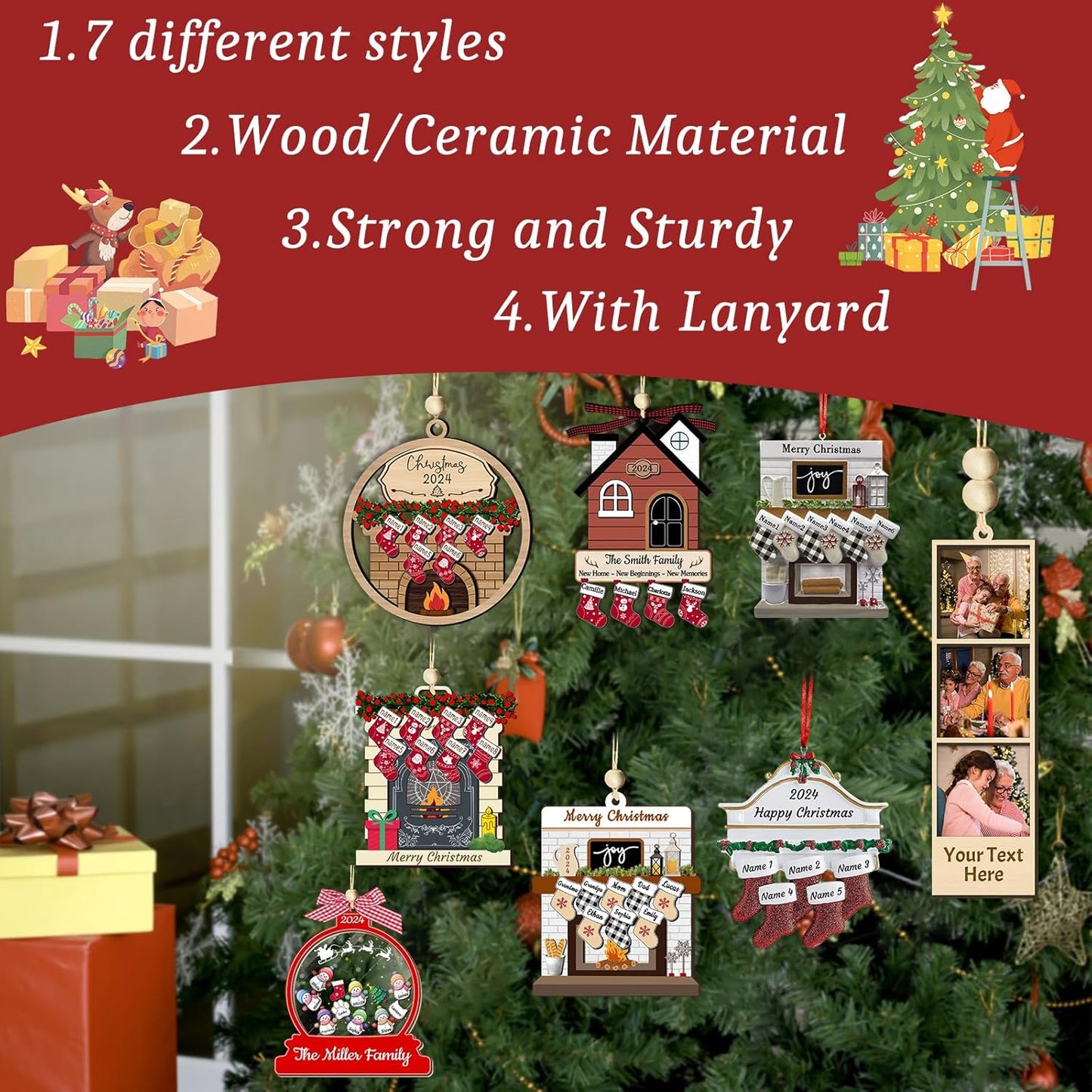 Personalized Deer Christmas Ornaments with Names of 2/3/4/5/6/7/8 Custom Reindeer Family Ornament Customized Xmas Tree Hanging Ceramic Decoration Gift