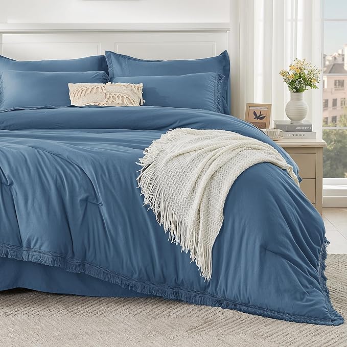 Andency Queen Comforter Set with Sheets Sea Blue - 7 Pieces Boho Tassel Bed in a Bag Soft Lightweight Bedding Sets, Fringe Bed Set with Comforter, Sheets, Pillowcases & Shams