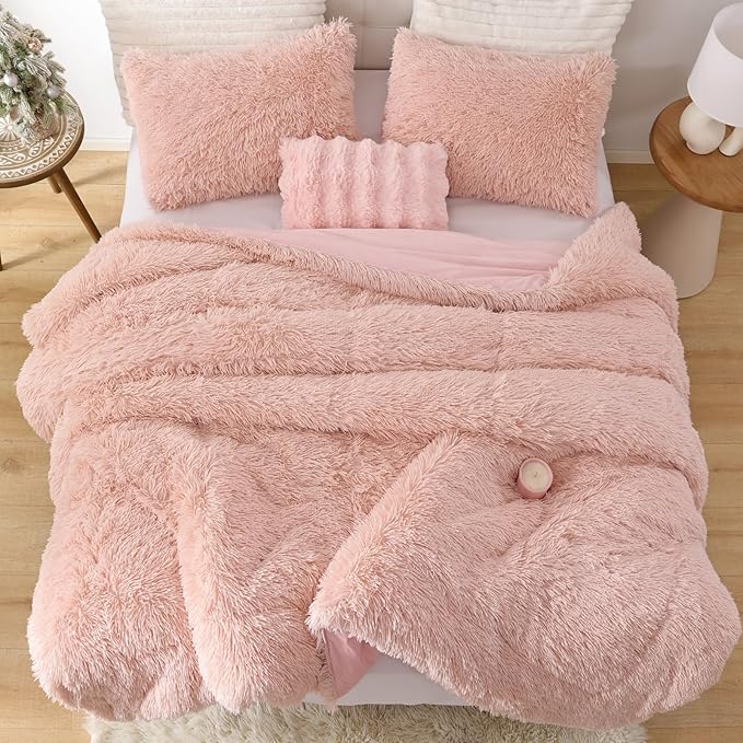 Smoofy Fluffy Full Size Comforter Set, Faux Fur Pink Comforter Set, Luxury Fuzzy Bedding Set, Soft Shaggy Full Bed Set for All Season, 3 Pieces - 1 Comforter & 2 Pillowcases, Blush