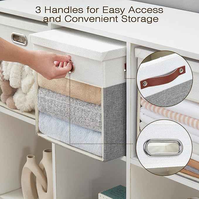 Fabric Storage Cubes with Clear Windows and Lids, 13'' Foldable Storage Bins with 3 Handles, Decorative Storage Boxes for Home, Bedroom, Closet, Office (Gray & White)