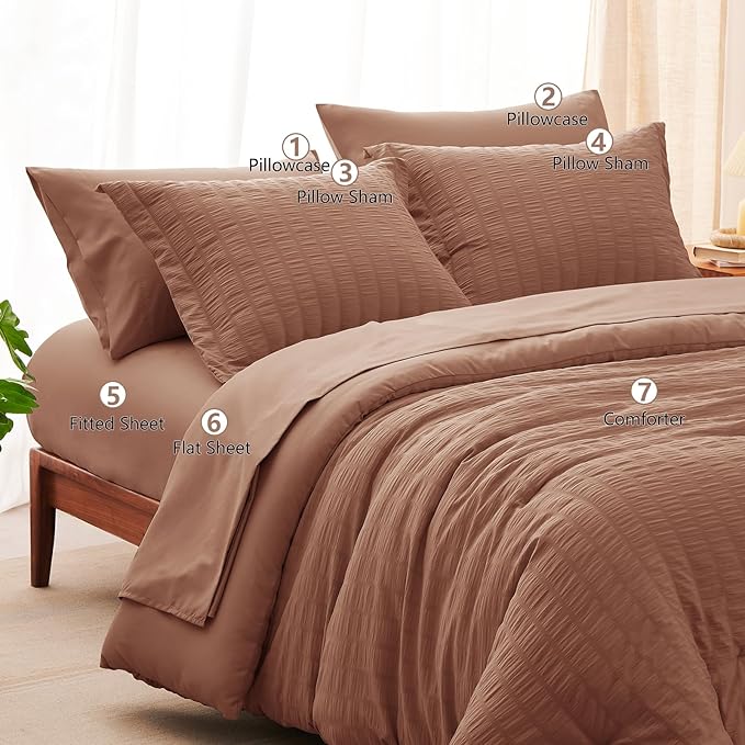 CozyLux King Size Comforter Set Mocha Mousse Seersucker 7 Pieces Bed in a Bag King Comforter Set with Sheets, Luxury Bedding Set with Down Alternative Comforter, Sheets, Pillowcases & Shams All Season
