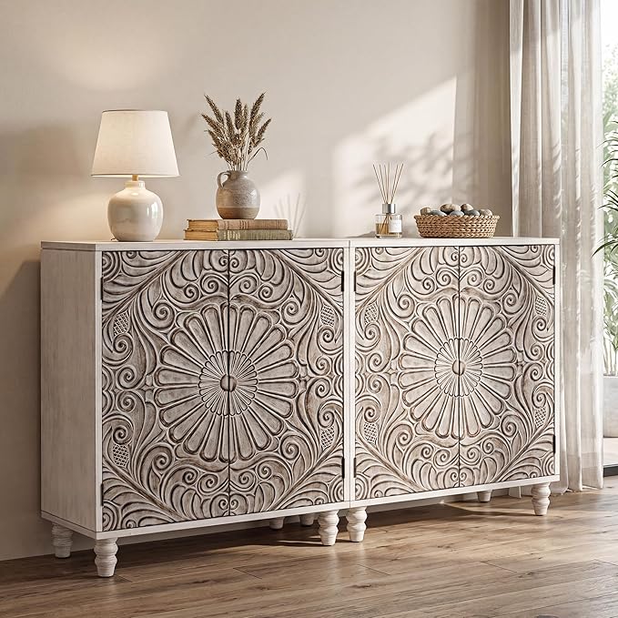 COSIEST Set of 2 32" Buffet Sideboard Cabinets with Storage, Accent Cabinet with Push-to-Open Doors, Vintage Flower Carved Pinewood Doors, Entryway Console for Living Room, Kitchen, Hallway, Gray