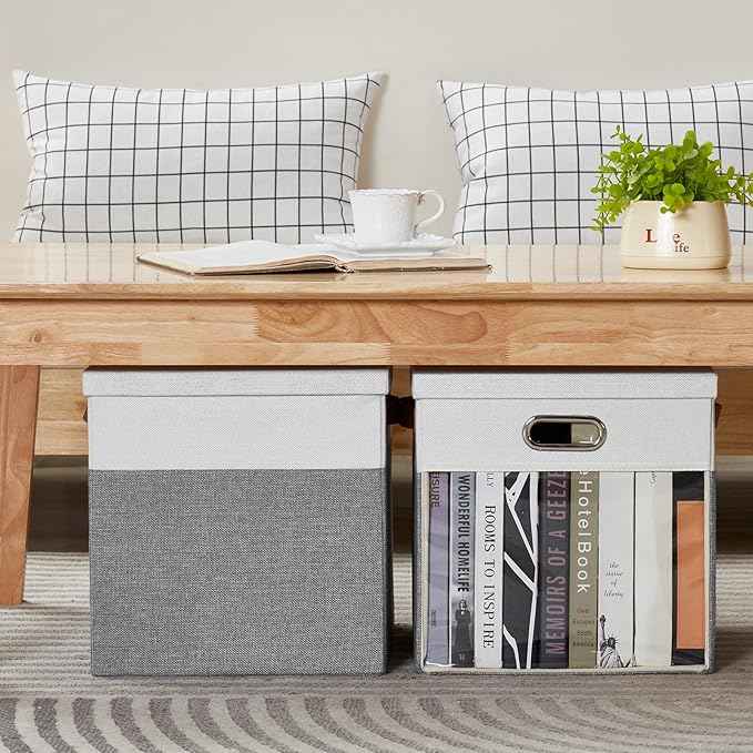 Fabric Storage Cubes with Clear Windows and Lids, 13'' Foldable Storage Bins with 3 Handles, Decorative Storage Boxes for Home, Bedroom, Closet, Office (Gray & White)