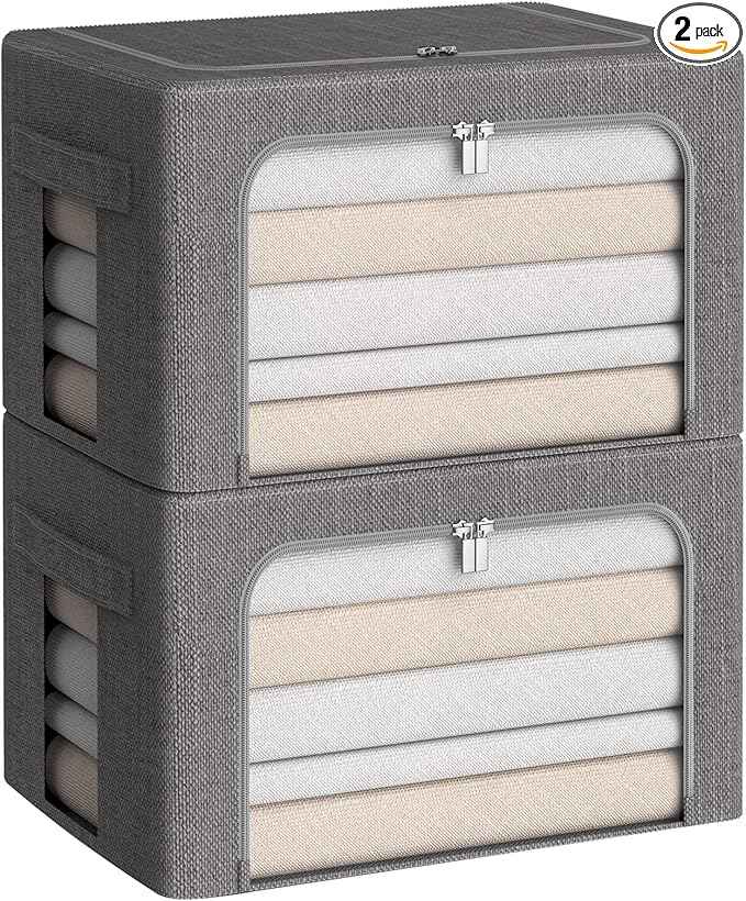 CYhom Clothes Storage Bins Box - Linen Fabric Foldable Stackable Container Organizer Set with Clear Window & Carry Handles & Metal Frame (Dark Gray, Medium-36L)