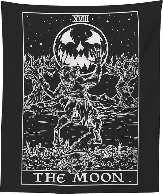 The Moon Tarot Card Tapestry (Black & White) - Werewolf - Gothic Halloween Home Decor Wall Hanging (60" x 50")
