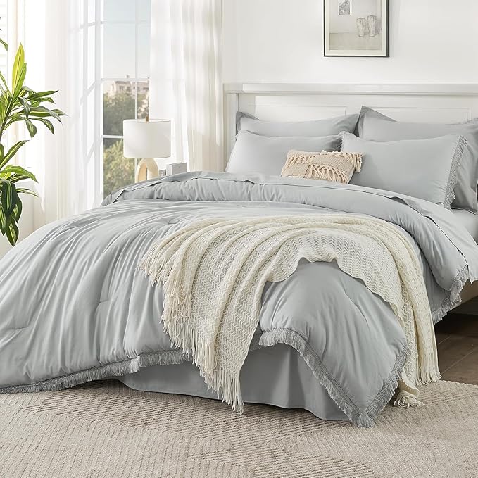 Andency Oversized King Comforter Set with Sheets 120x120 Light Grey - 7 Pieces Boho Tassel Bed in a Bag Soft Lightweight Bedding Sets, Fringe Bed Set with Comforter, Sheets, Pillowcases & Shams
