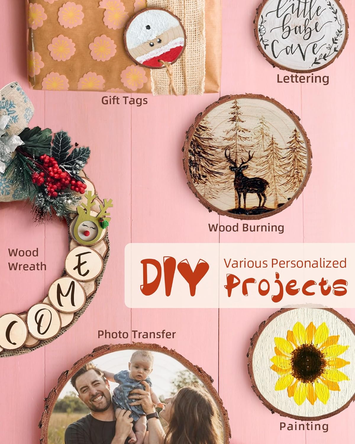 Unfinished Wood Slices with Hole, Natural Wood Circles Blank with Bark for DIY Crafts, Home Decor, Christmas Ornament (30Pcs, 3.1-3.5 Inch)