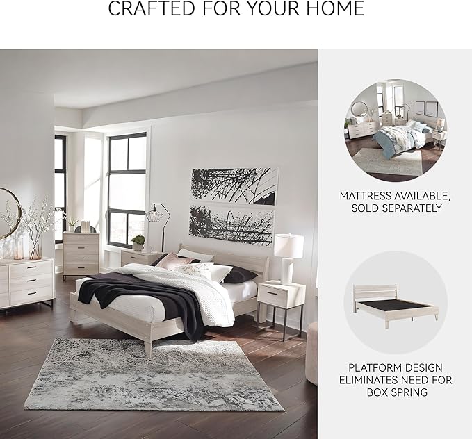 Signature Design by Ashley Socalle Contemporary Panel Platform Bed, Foundation or Box Spring Not Needed, Queen, Beige