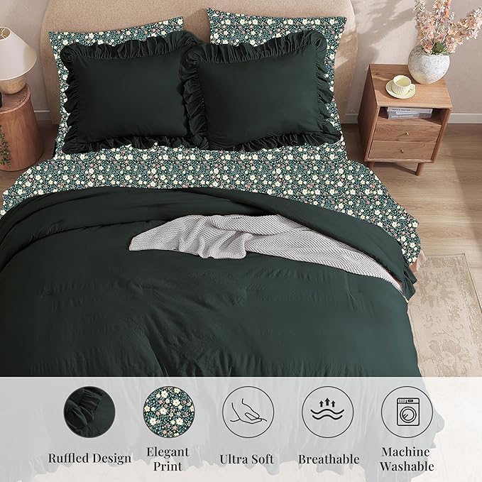 King Comforter Set - 7 Pieces Ruffle Forest Green Bedding Sets, Shabby Chic Farmhouse Bed in a Bag with Ruffle Comforter, Floral Sheets, Pillowcases & Shams