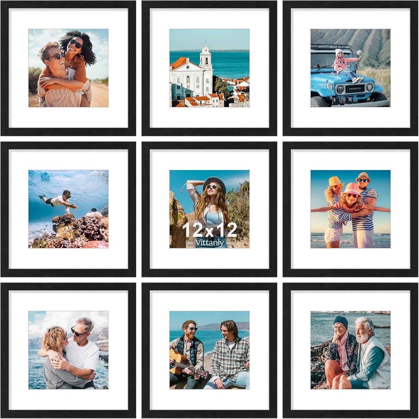 Vittanly 12x12 Picture Frames Set of 9, Shatter Resistant Plexiglass, Display 8x8 Pictures with Mat or 12x12 without Mat, Photo Frames for Wall Mount, Engineered Wood, Black