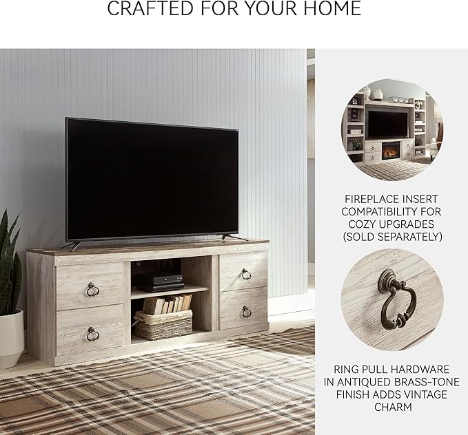 Signature Design by Ashley Willowton Shabby Chic Large TV Stand up to 60" with 3 Shelves and Fireplace Option, White