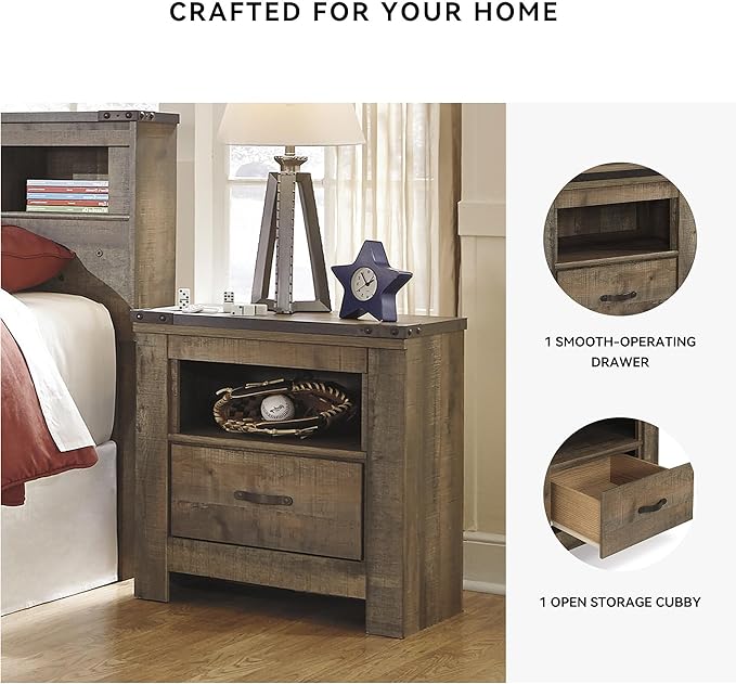 Signature Design by Ashley Trinell Rustic 1 Drawer Nightstand, USB Charing, Storage Cubby, Nailhead Accents, Wood, 24.72" W x 16.18" D x 26.22" H, Warm Brown