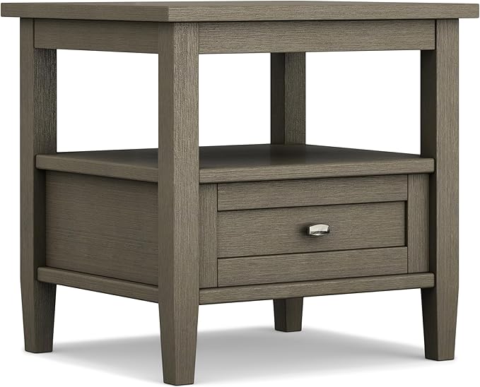 SIMPLIHOME Warm Shaker End Table - 20 inch Wide Solid Wood Side Table in Farmhouse Grey, Transitional Accent Table for Living Room or Bedroom with Drawer, Open Shelf and Square Tapered Legs