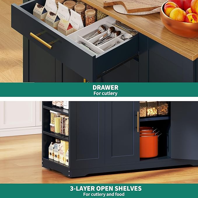 YITAHOME 53 inch Large Rolling Kitchen Island with Trash Can Storage Cabinet, Portable Mobile Islands Table Long Floating Movable w Wheels Cabinet for 13 Gallon Garbage Bin 2 Drawer, Navy Blue