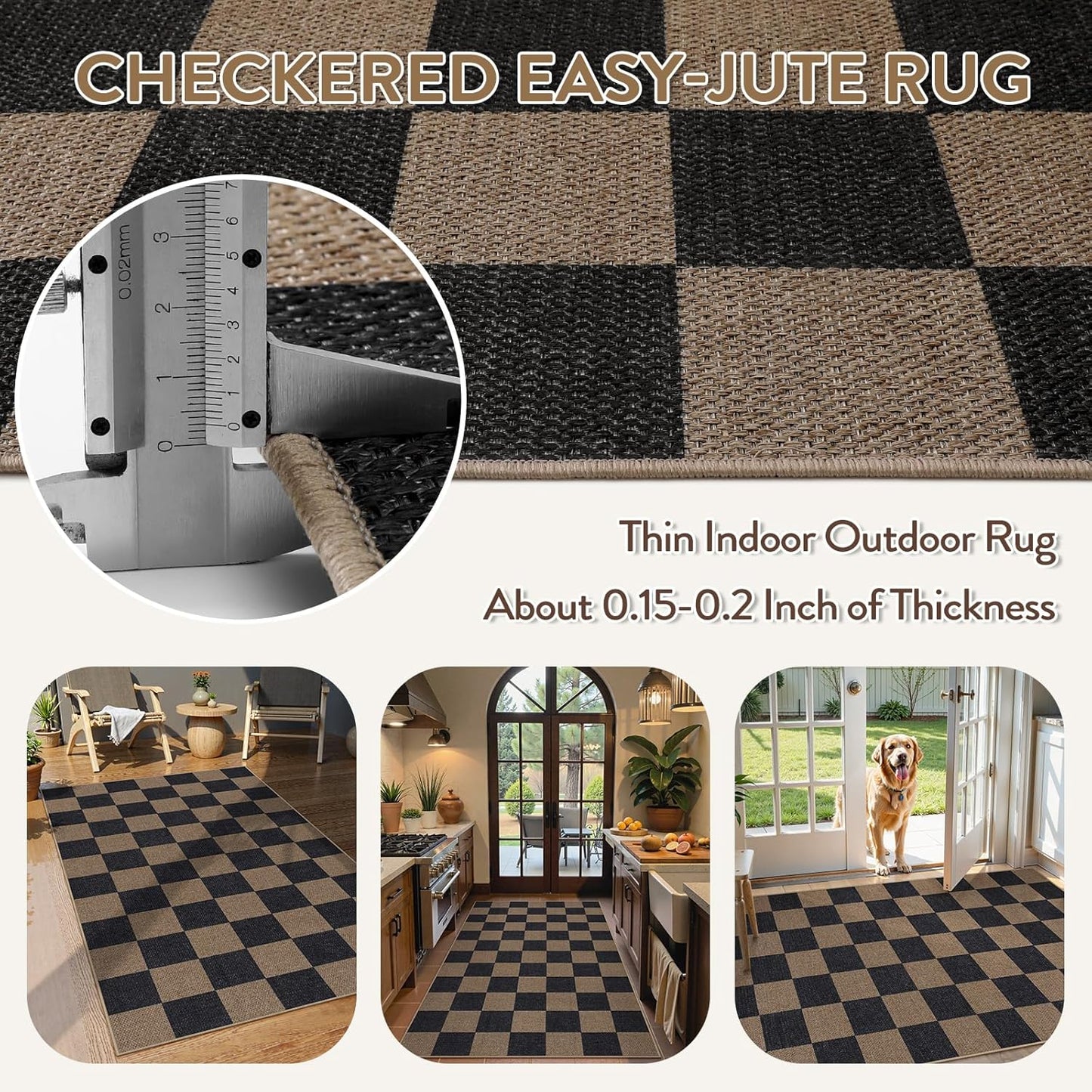 Lahome Checkered Easy Jute 3x5 Rug, Washable Rugs for Living Room Entryway Farmhouse Non Slip Black Outdoor Carpet, Checkerboard Indoor Door Mat for Entry Patio Deck