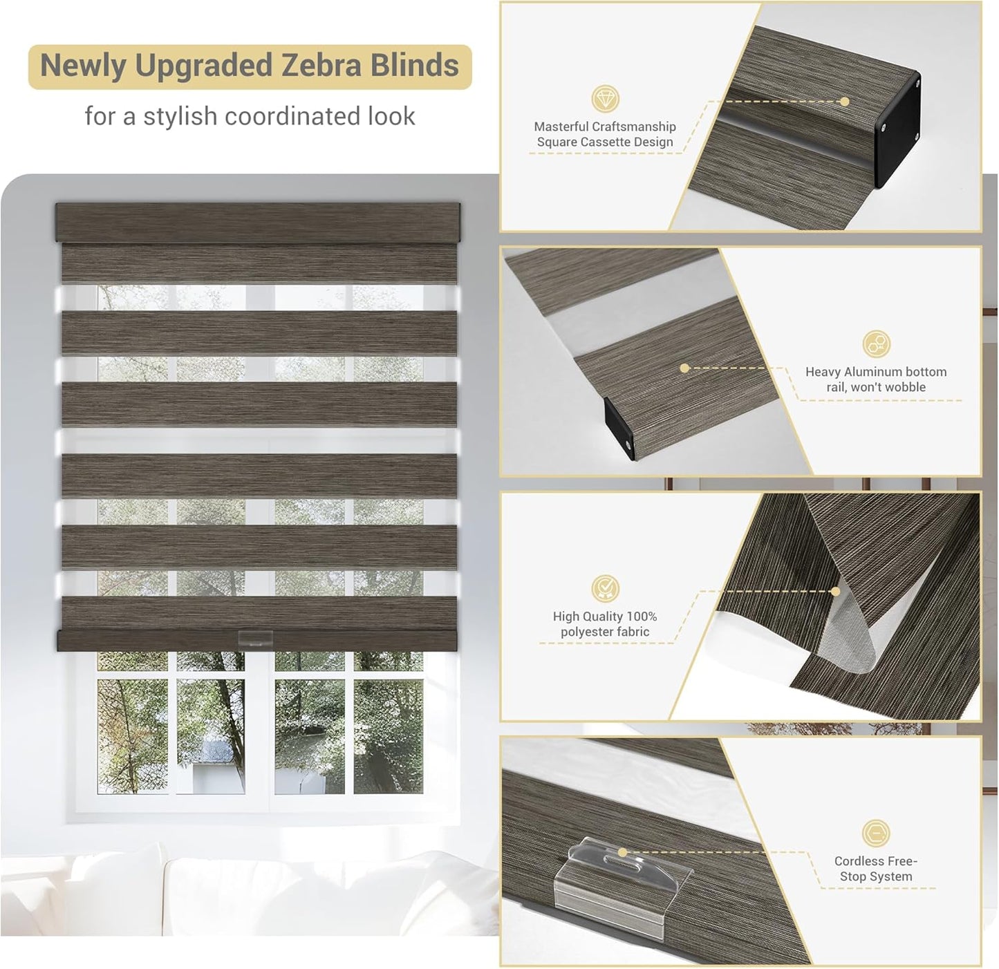 Cordless Zebra Blinds for Windows, Blackout Interior Blinds,Easy to Install,UV Protection,for Offices and Home,Custom Roller Shades, Mousse Dark Bown,15" W x 88" H