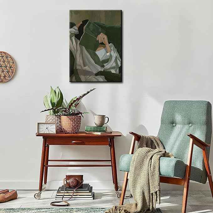 Emerald Green Reading Woman Canvas Wall Art Abstract Cozy People Wall Decor Pictures Minimalist Green Feminine Aesthetic Poster Print for Bedroom Living Room Home Decoration 12x16in