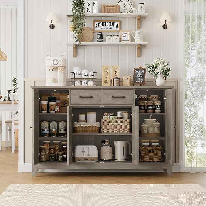 HORSTORS 55" Buffet Cabinet with Storage, Kitchen Buffet Sideboard with Drawers, Large Storage Cabinet with Doors and Shelves, Modern Farmhouse Coffee Bar for Kitchen, Dining Room, Living Room, Grey
